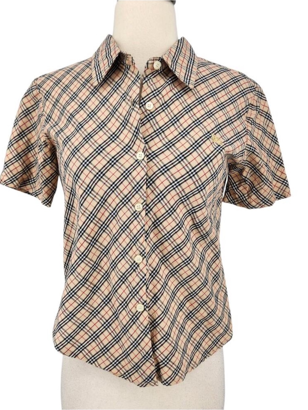 Burberry Beige Black and Red Plaid Shirt EUC
